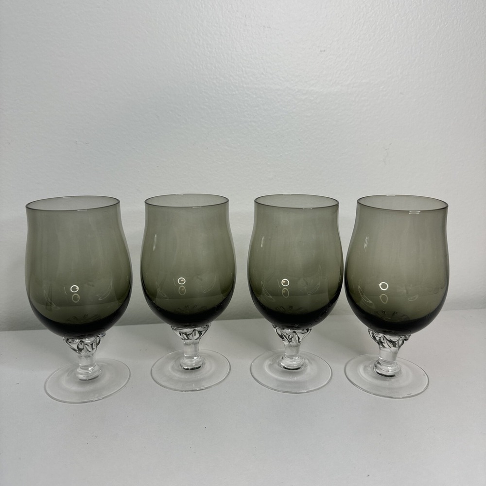 Set Of 4 Sasaki Coronation Cordial Smoke Gray Glass Glasses 4.75"
